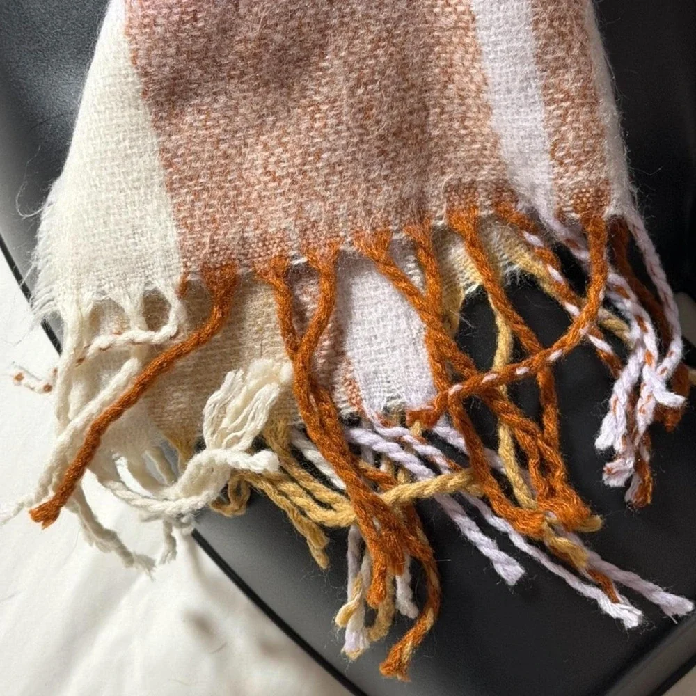 ASOS Mustard Yellow Plaid Oversized Blanket Scarf Chunky Knit Fuzzy Fringe